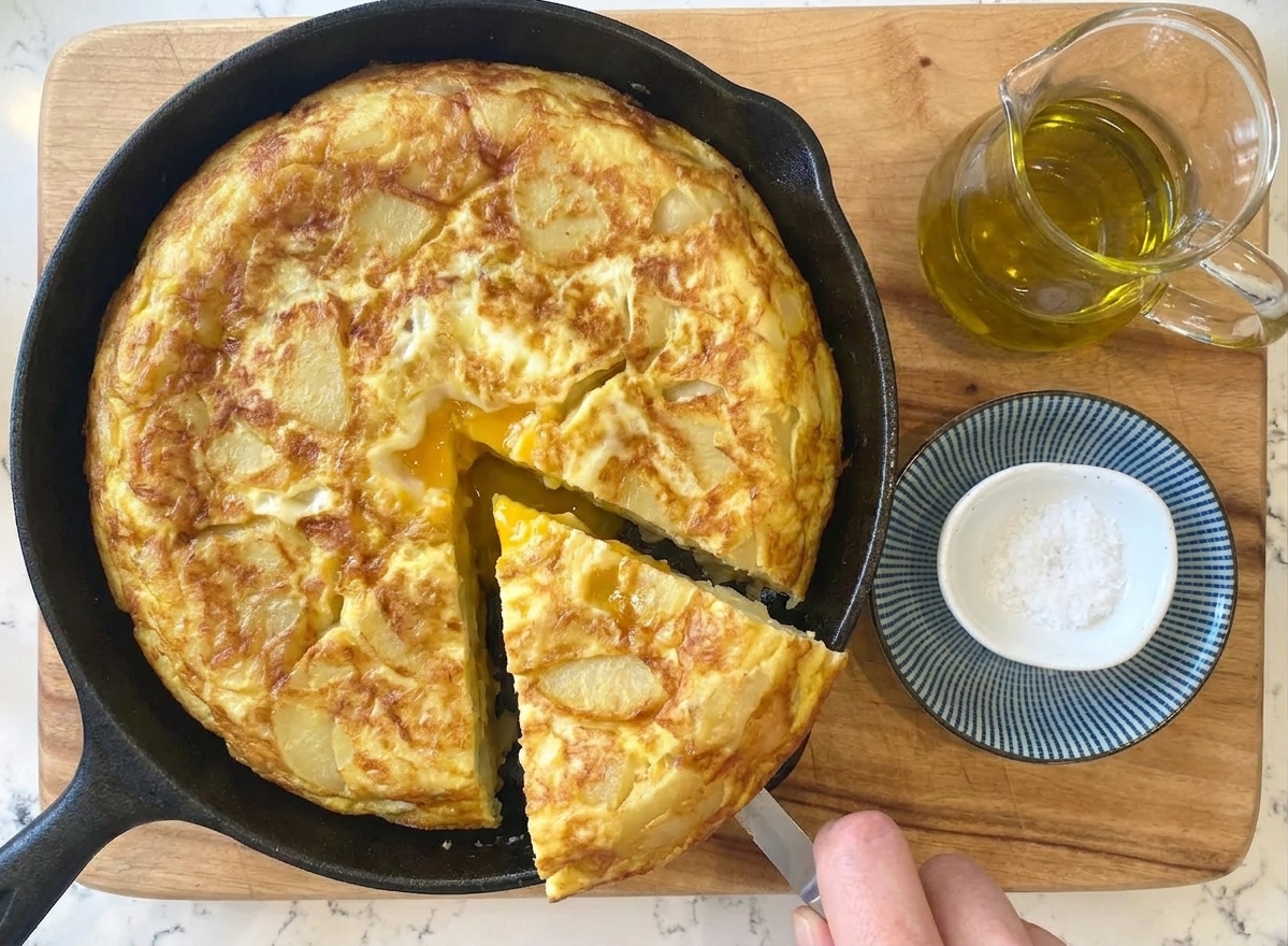 A thick, golden tortilla española in a skillet with a clean wedge cut out, showing tender potato layers and a softly set center on a warm kitchen counter