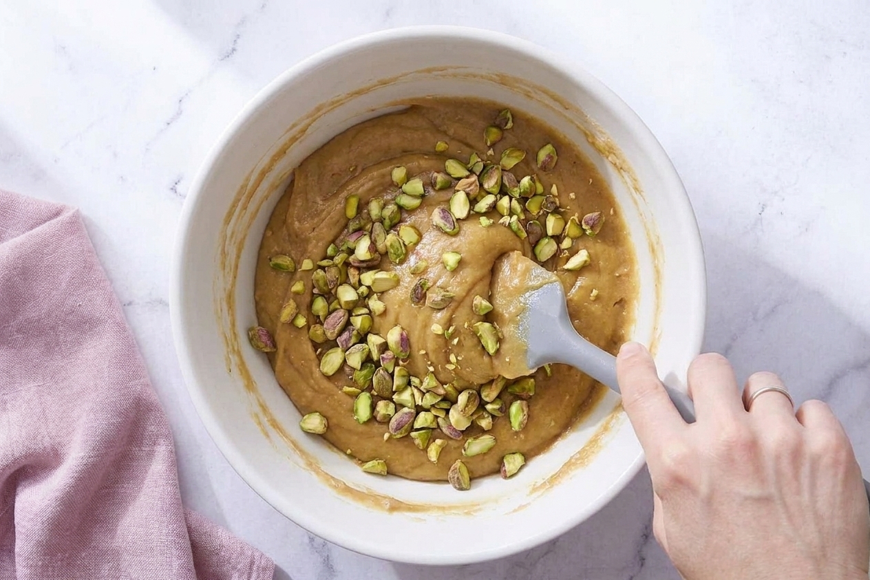 A thick halva mixture in a bowl with chopped pistachios being gently folded in with a spatula