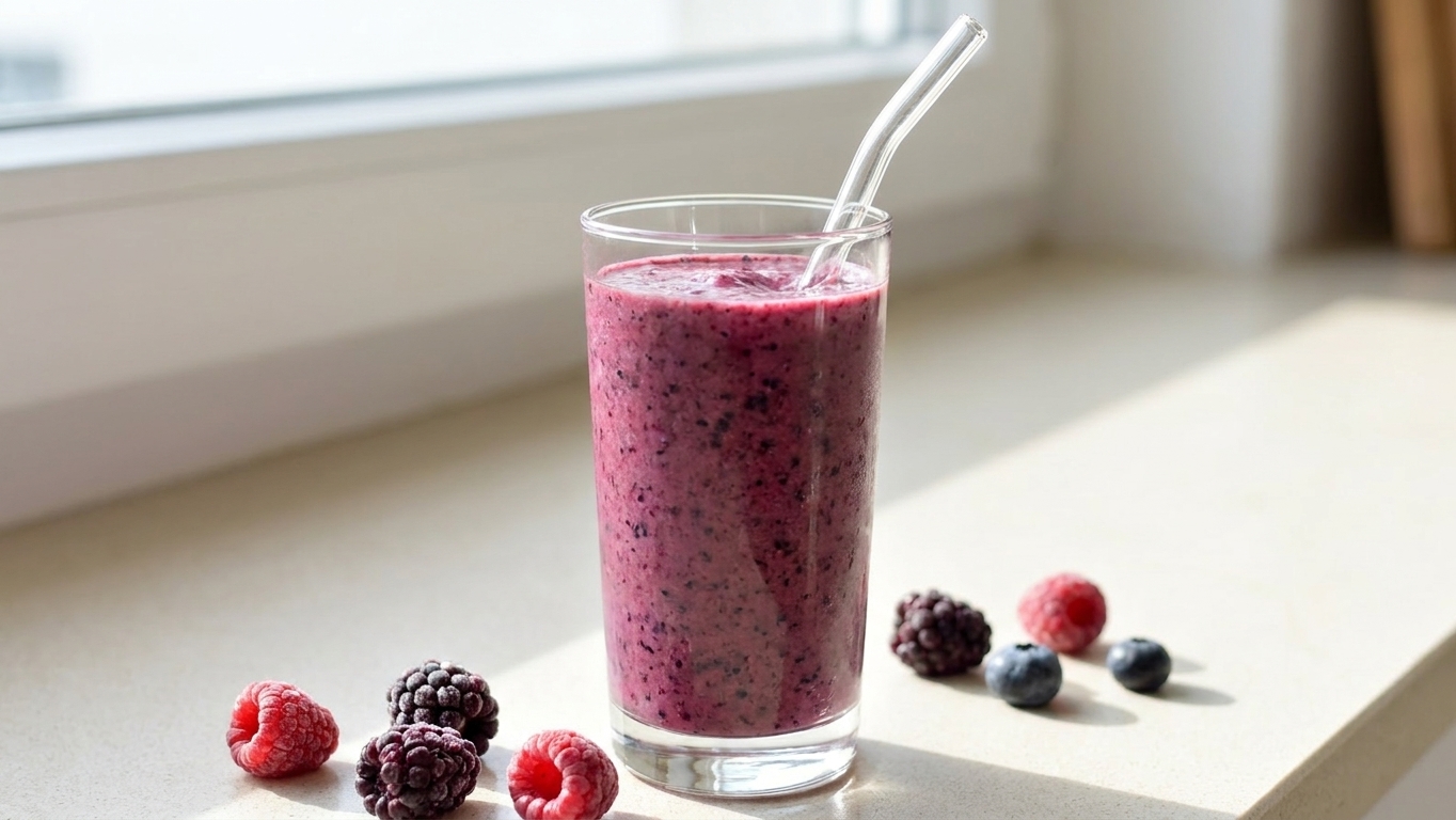 A thick mixed-berry smoothie in a clear glass on a light kitchen counter with a straw and a few frozen berries nearby, natural window light