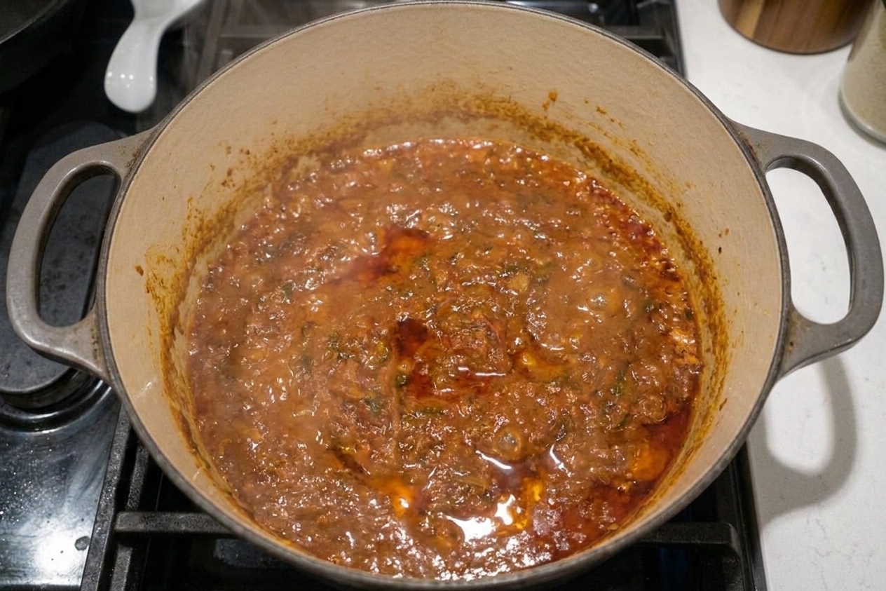 A thick onion and tomato masala bubbling in a pot with visible oil separating at the edges on a stovetop