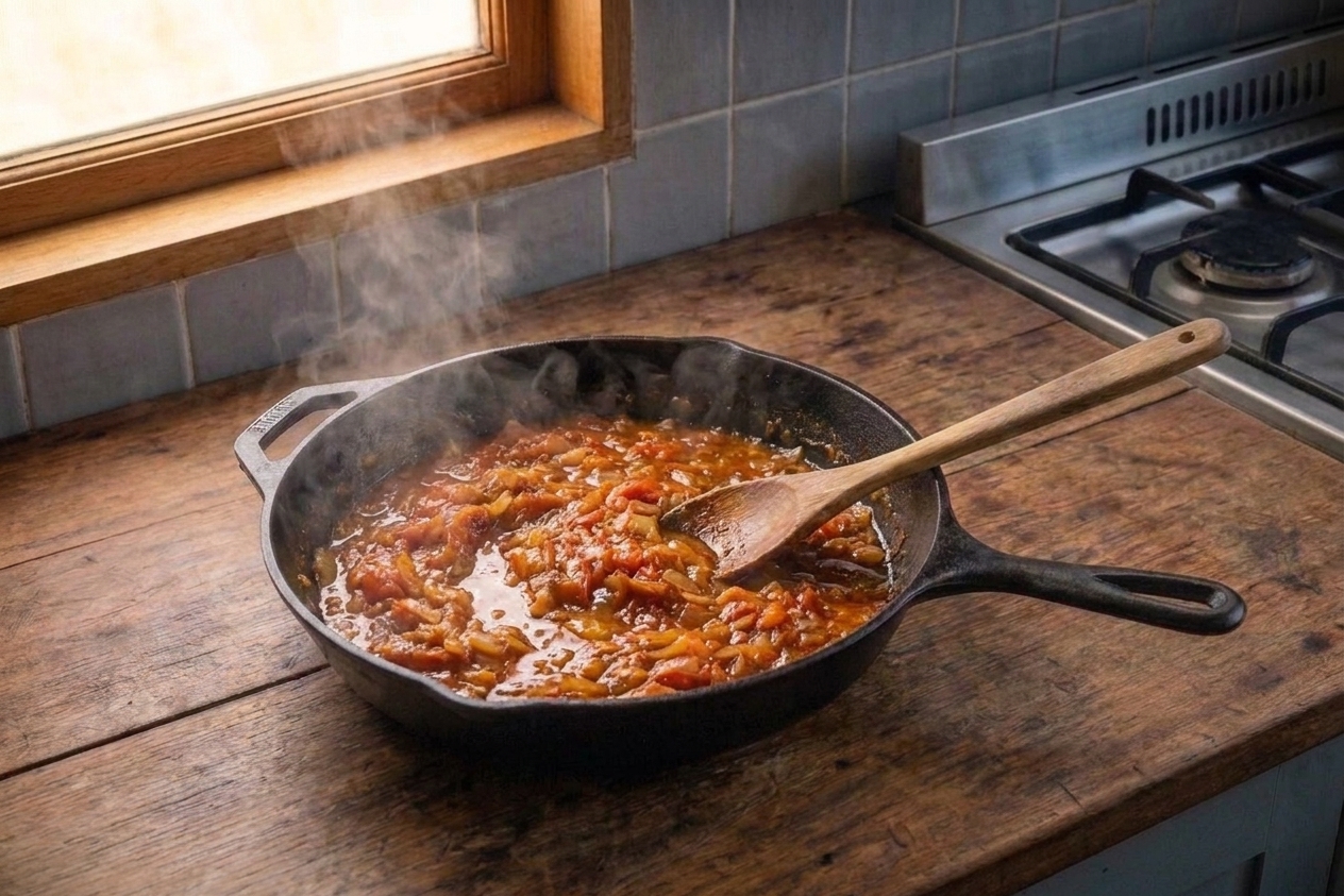 A thick onion and tomato masala bubbling in a skillet, red-orange in color, with oil beginning to separate at the edges
