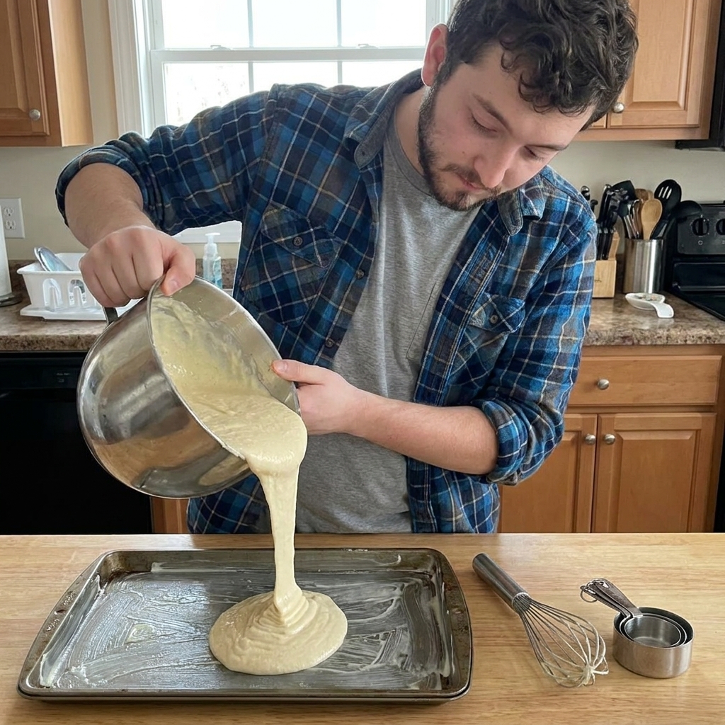A thick pancake batter being poured from a mixing bowl into a buttered rimmed baking sheet, with a whisk and measuring cups nearby on a countertop, real kitchen action photo