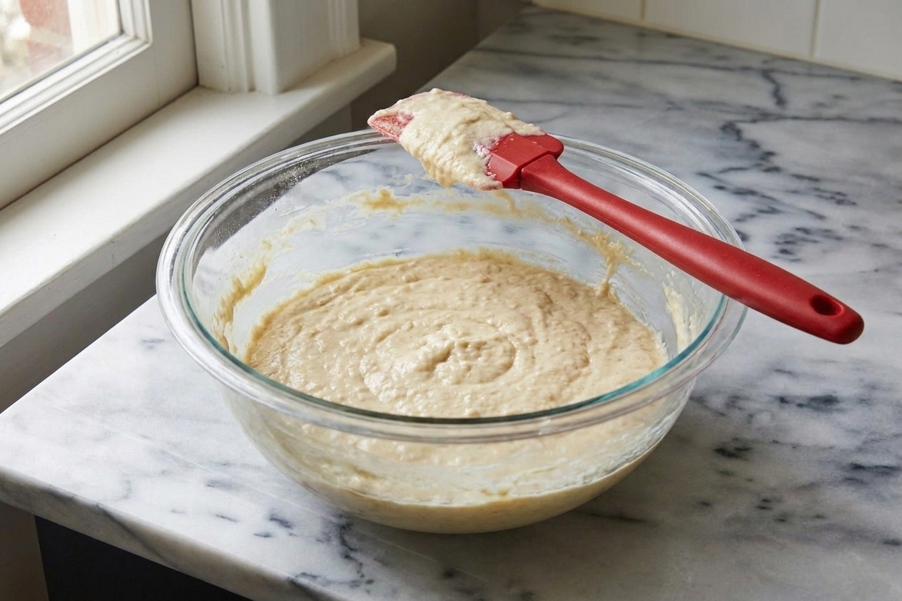 A thick pancake batter in a glass mixing bowl with a rubber spatula resting on the rim