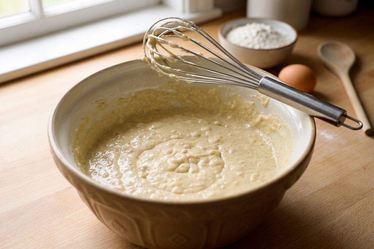 A thick pancake batter in a mixing bowl with a whisk resting on the rim on a bright kitchen counter