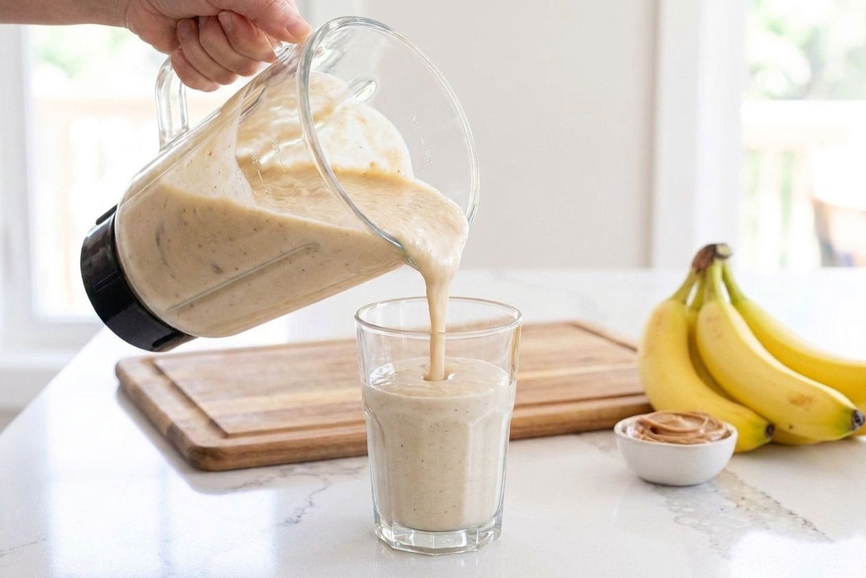 A thick peanut butter banana shake being poured from a blender into a tall glass on a bright kitchen counter