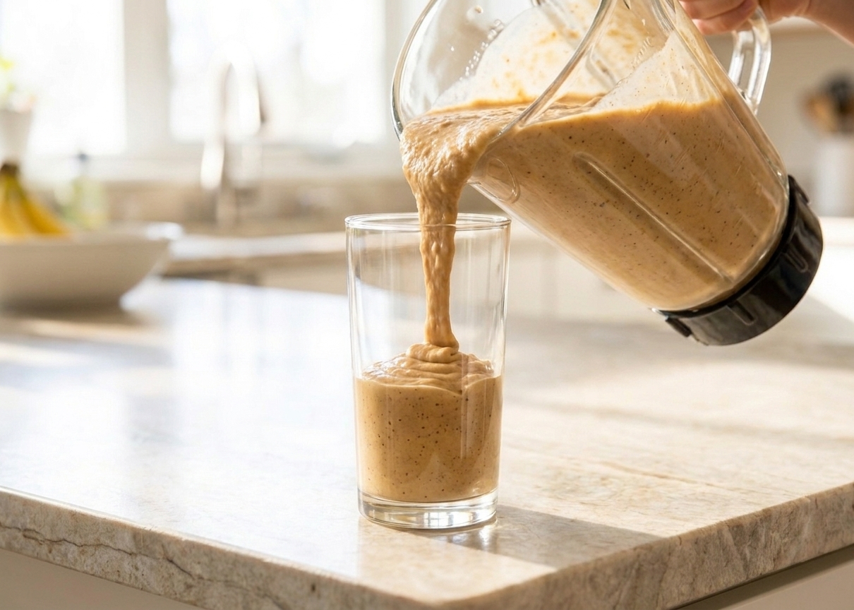 A thick peanut butter banana smoothie being poured from a blender into a clear glass on a stone counter, creamy texture visible