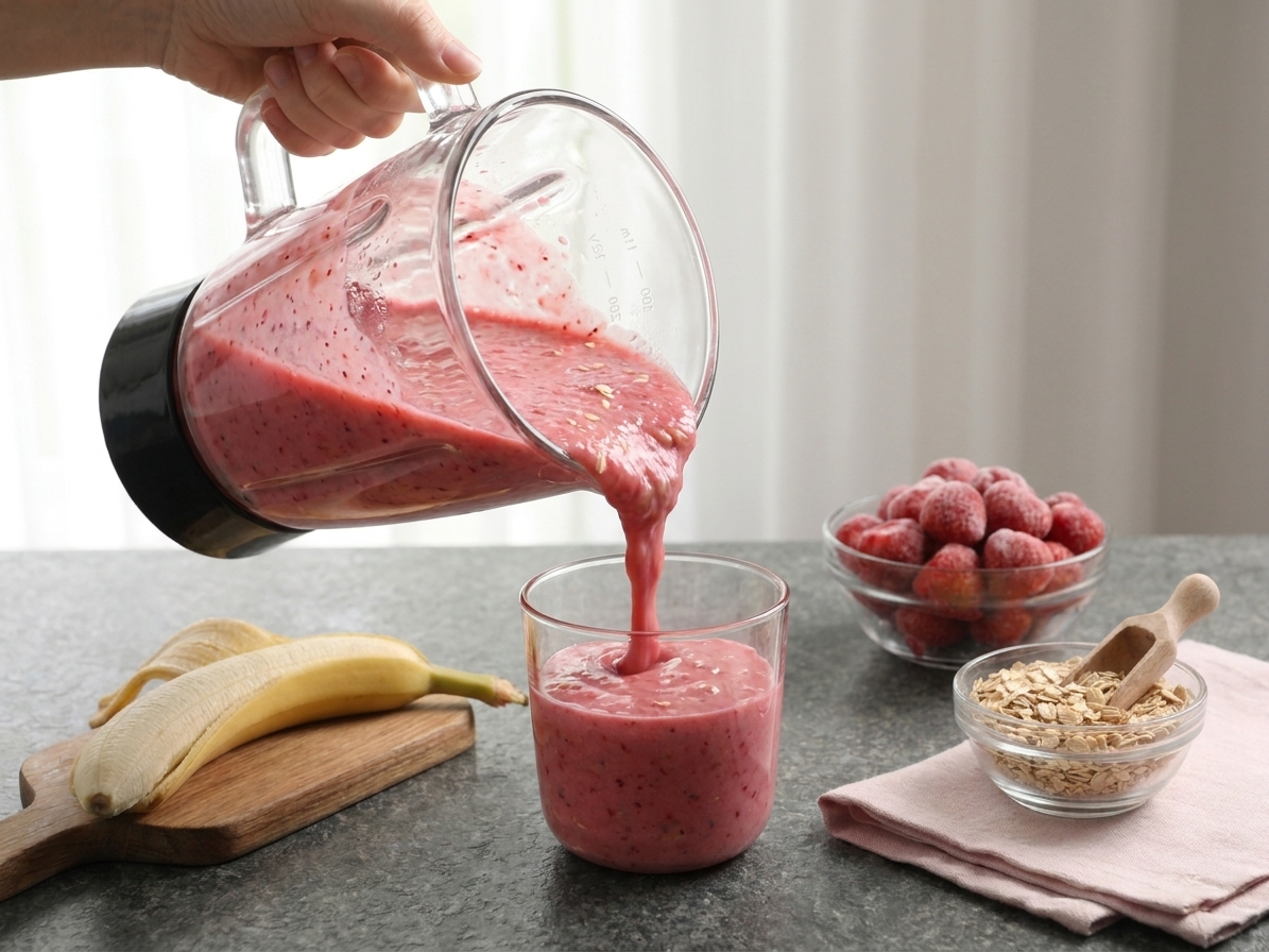 A thick pink strawberry banana smoothie being poured from a blender into a glass on a bright kitchen counter with minimal mess
