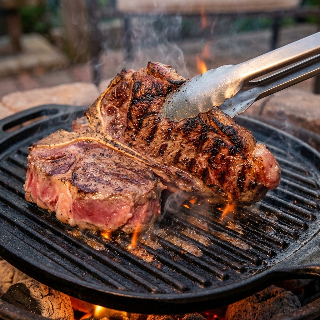 A thick porterhouse steak being flipped with metal tongs on a hot grill grate, visible char marks and sizzling fat, realistic food photography