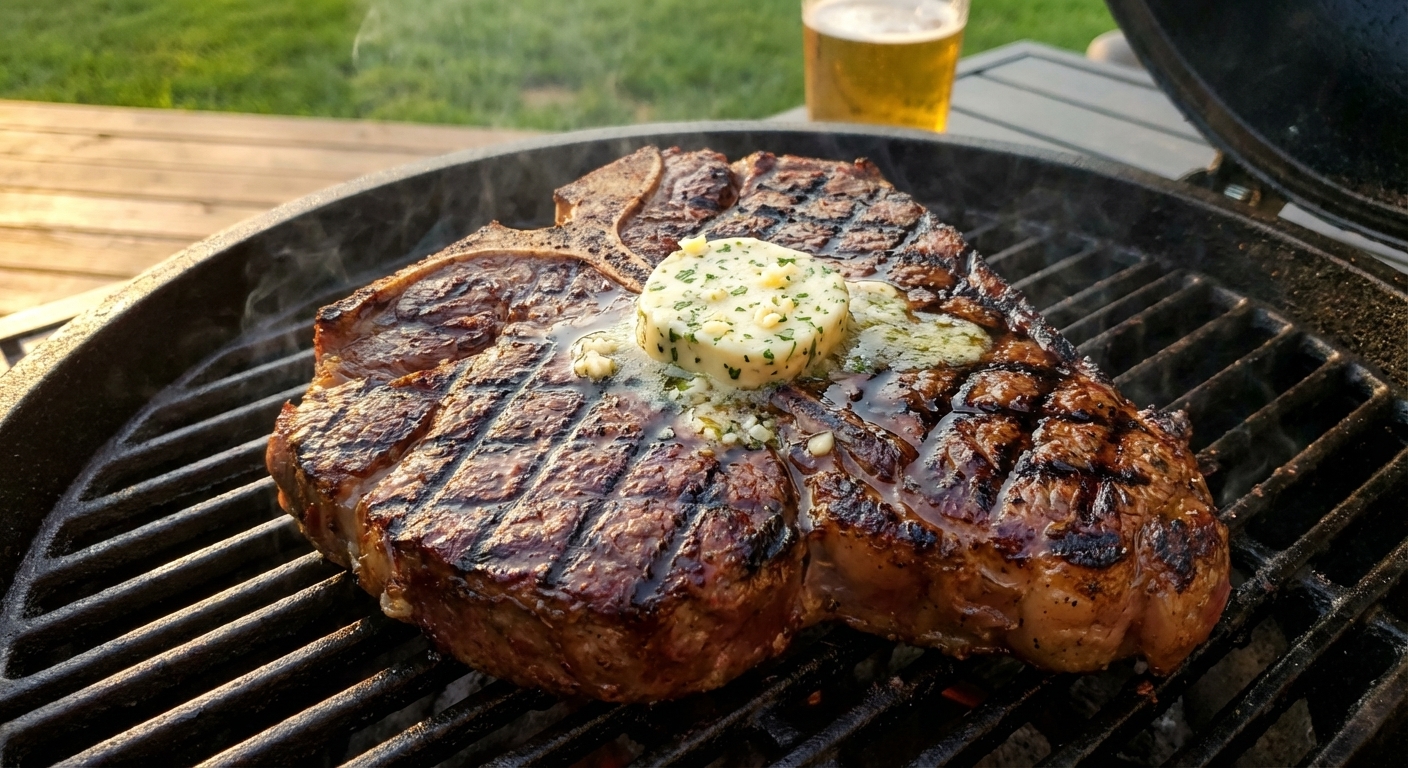 A thick porterhouse steak on a backyard grill grate with deep char marks, a pat of garlic-herb butter melting on top, evening light, realistic food photography