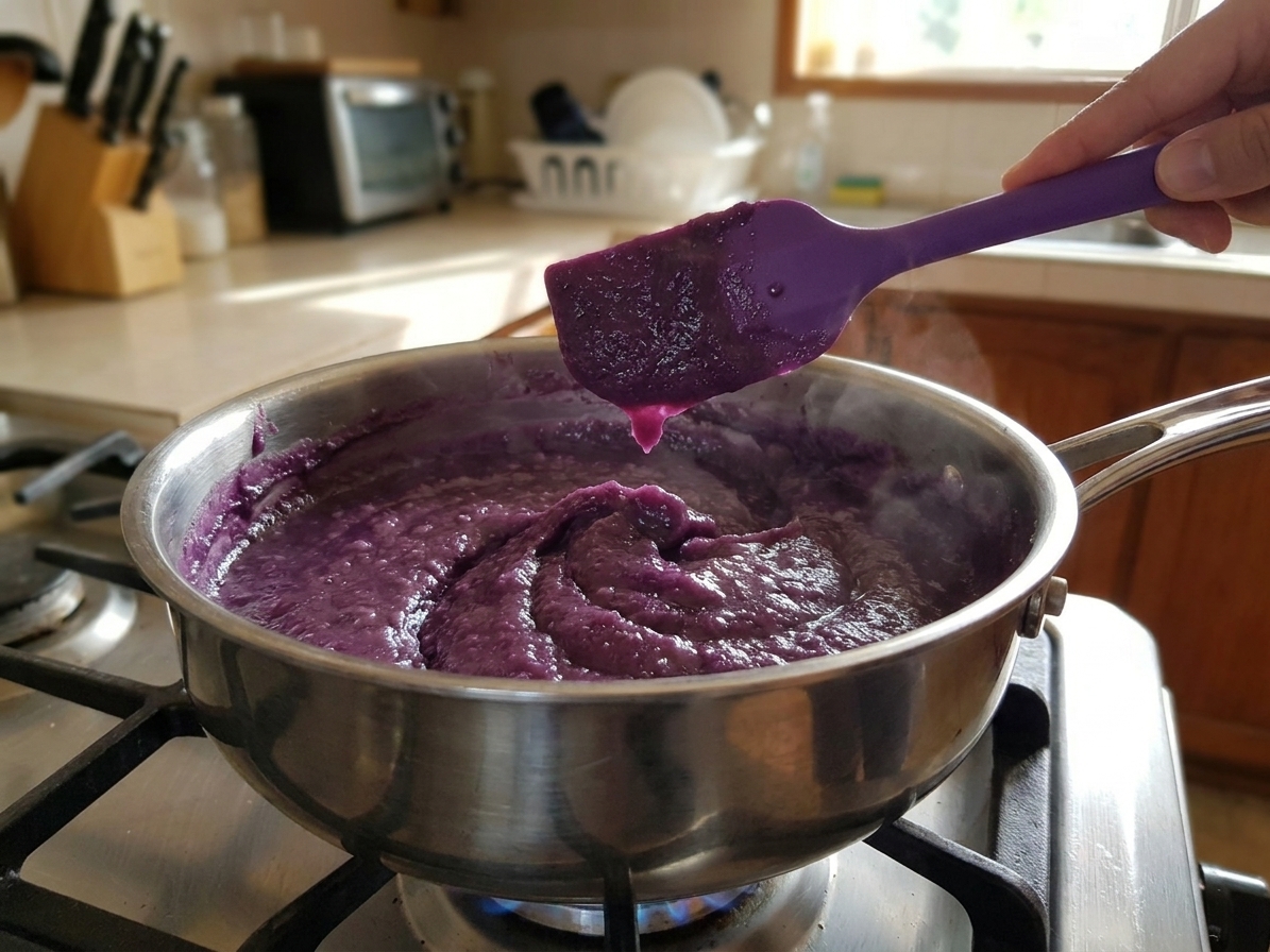 A thick purple ube mixture being stirred in a deep saucepan on the stovetop, with a silicone spatula scraping the bottom