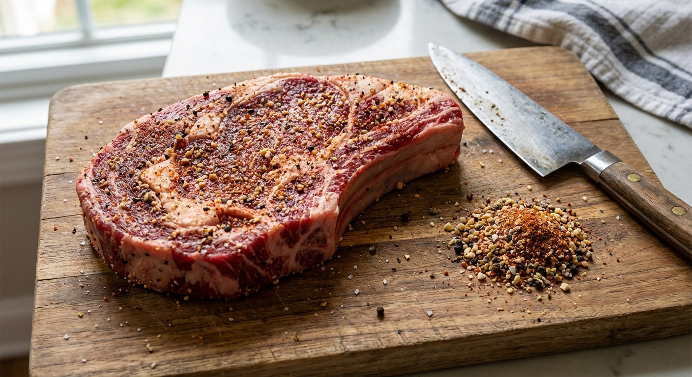 A thick raw steak on a wooden cutting board evenly coated with coarse steak seasoning, with a small pile of seasoning and a chef's knife nearby, natural kitchen light, realistic food photography