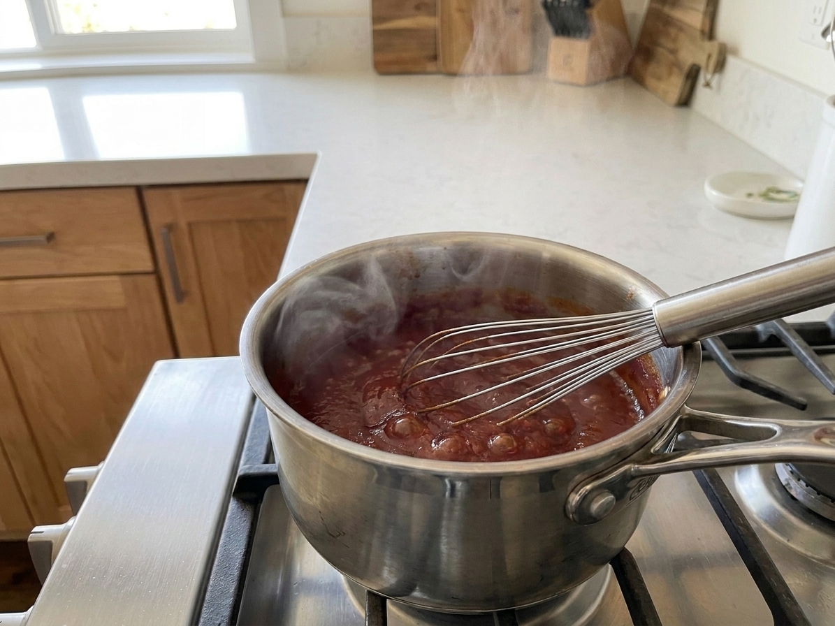 A thick red ketchup mixture gently simmering in a saucepan with a whisk resting inside