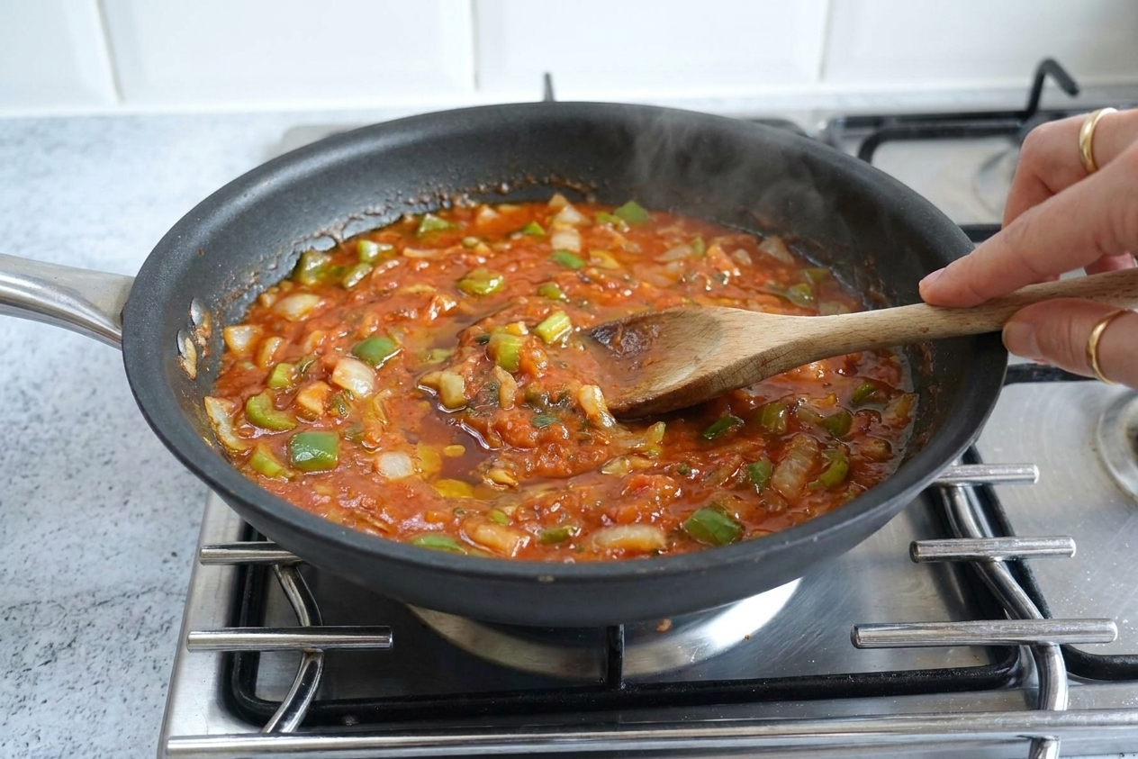 A thick red tomato creole sauce gently simmering in a skillet with visible bits of onion, pepper, and celery