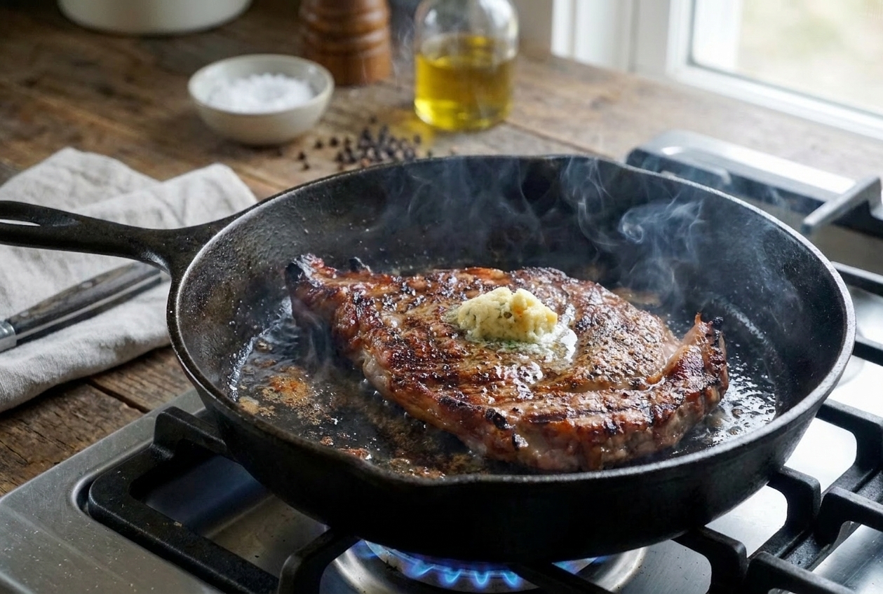 A thick ribeye steak searing in a hot cast iron skillet with a dark golden crust forming on the surface