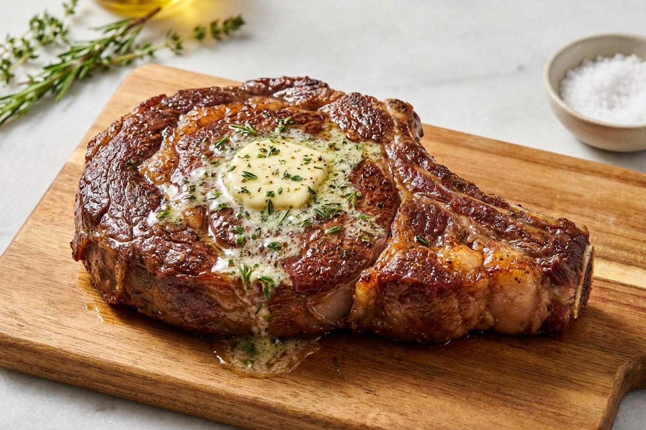 A thick ribeye steak with a deep brown crust resting on a cutting board with melted garlic herb butter pooling on top, warm kitchen lighting