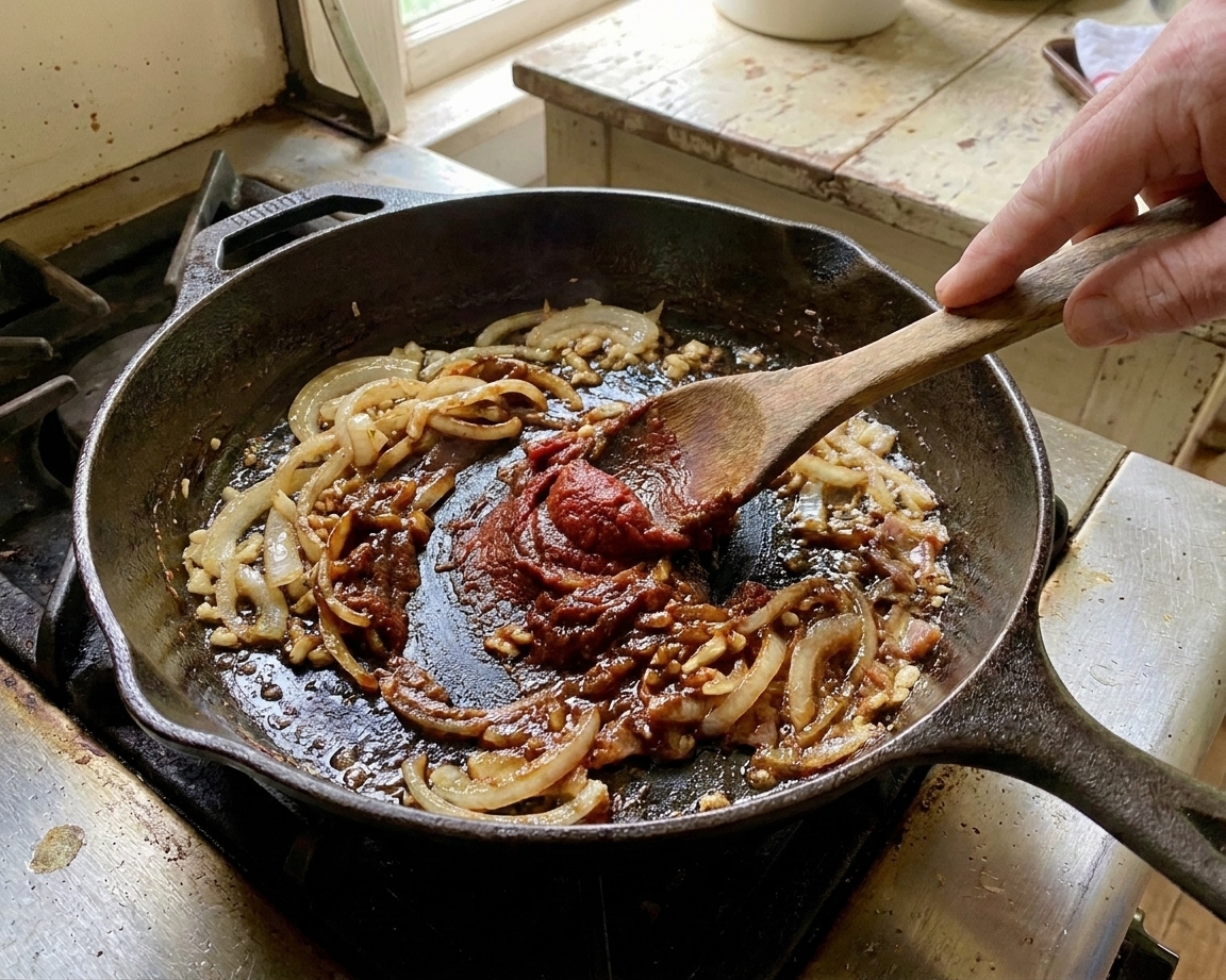 A thick roux forming in a skillet as flour is stirred into fat with onions, with tomato paste being mixed in