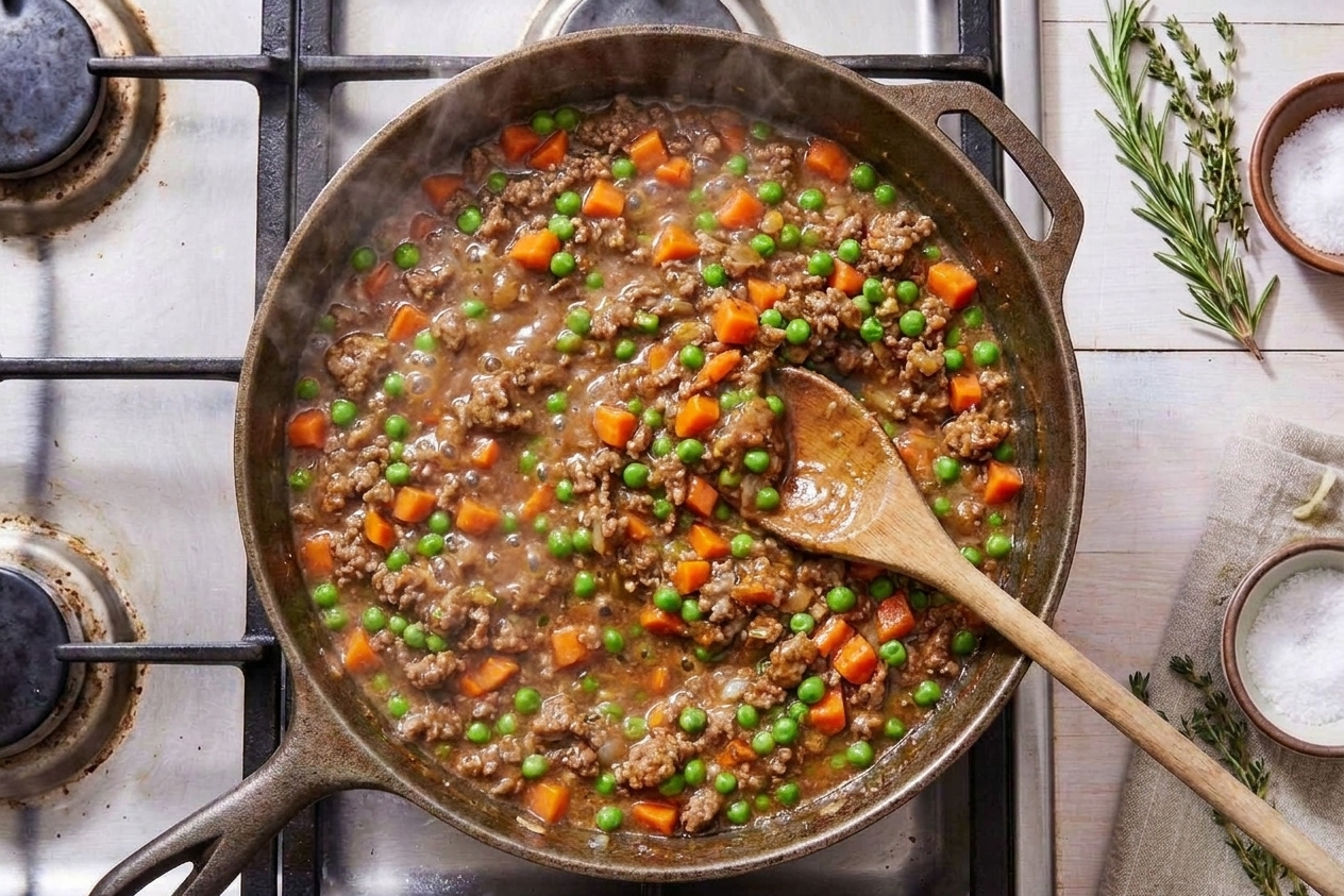 A thick shepherd's pie filling simmering in a skillet with visible carrots and peas in a glossy gravy