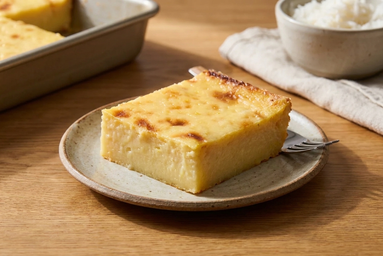 A thick slice of Filipino cassava cake on a small plate, showing a custardy center and deeply golden top, set on a warm kitchen table with soft natural light