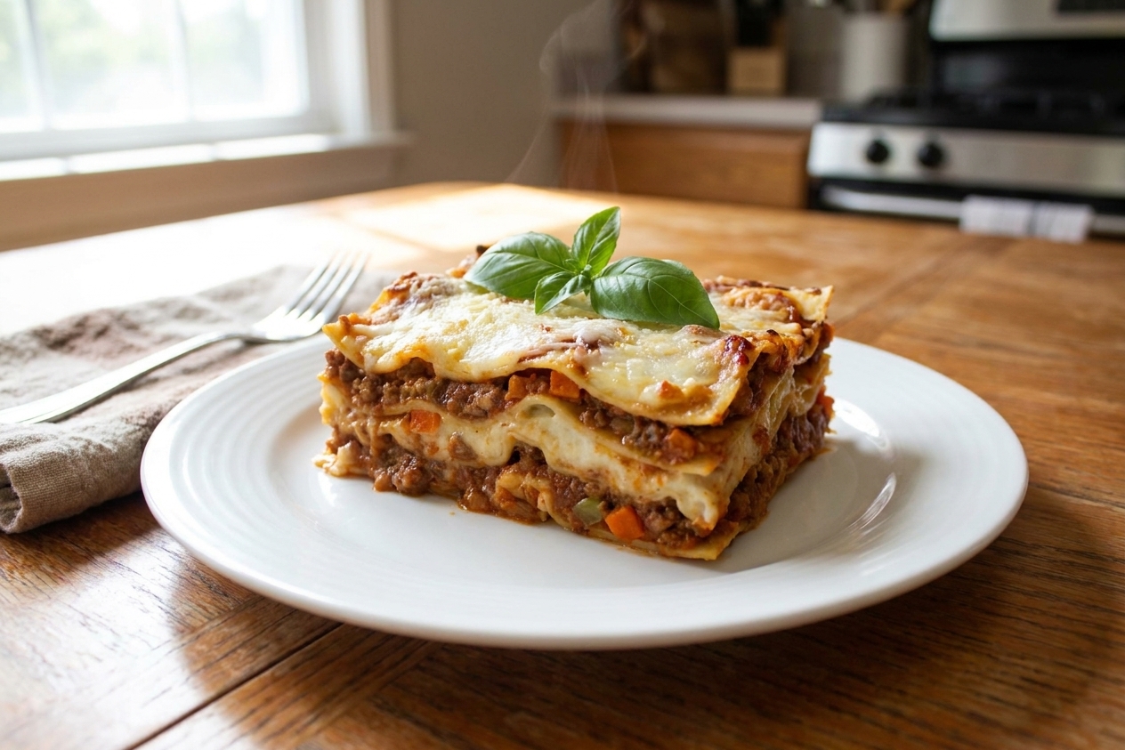 A thick slice of Italian lasagna on a white plate with visible layers of ragù, béchamel, and pasta, set on a warm wooden table with soft natural kitchen light