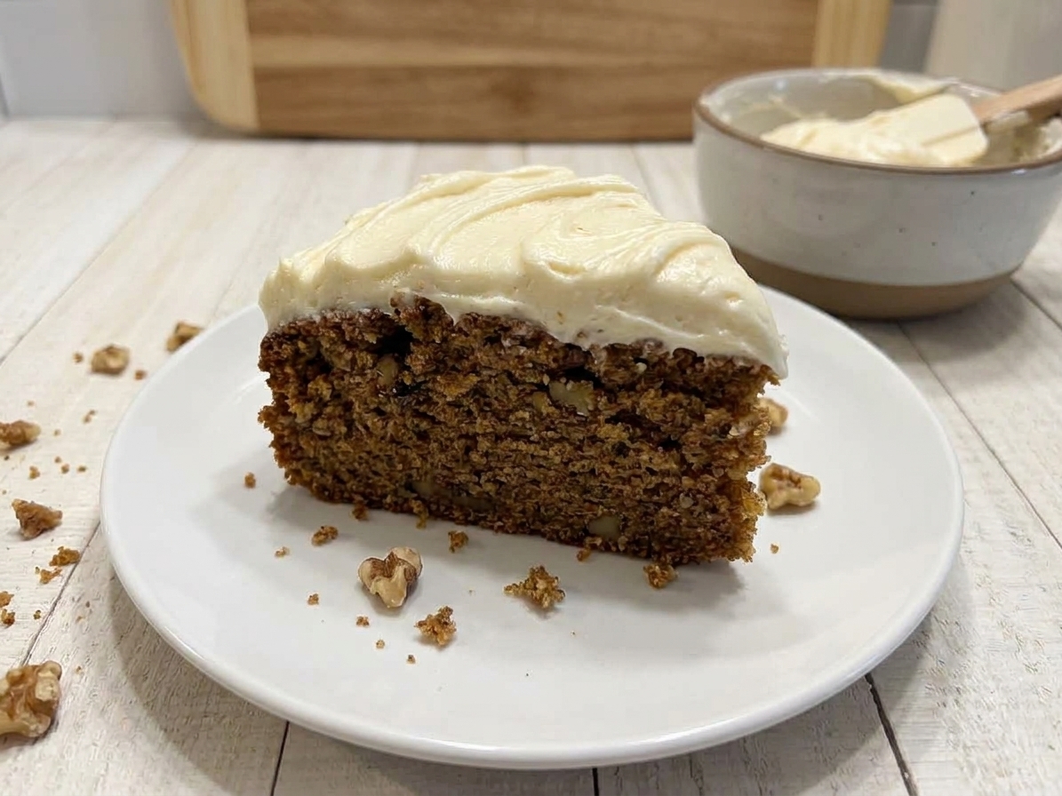 A thick slice of Southern spice cake with cream cheese frosting on a white plate, warm kitchen light, crumbs scattered naturally