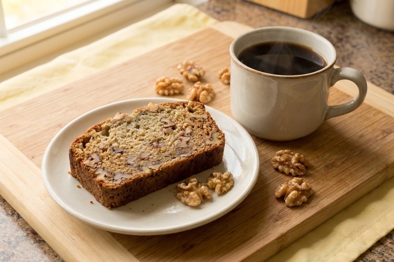 A thick slice of banana nut bread on a small plate with visible walnut pieces, served with a mug of coffee