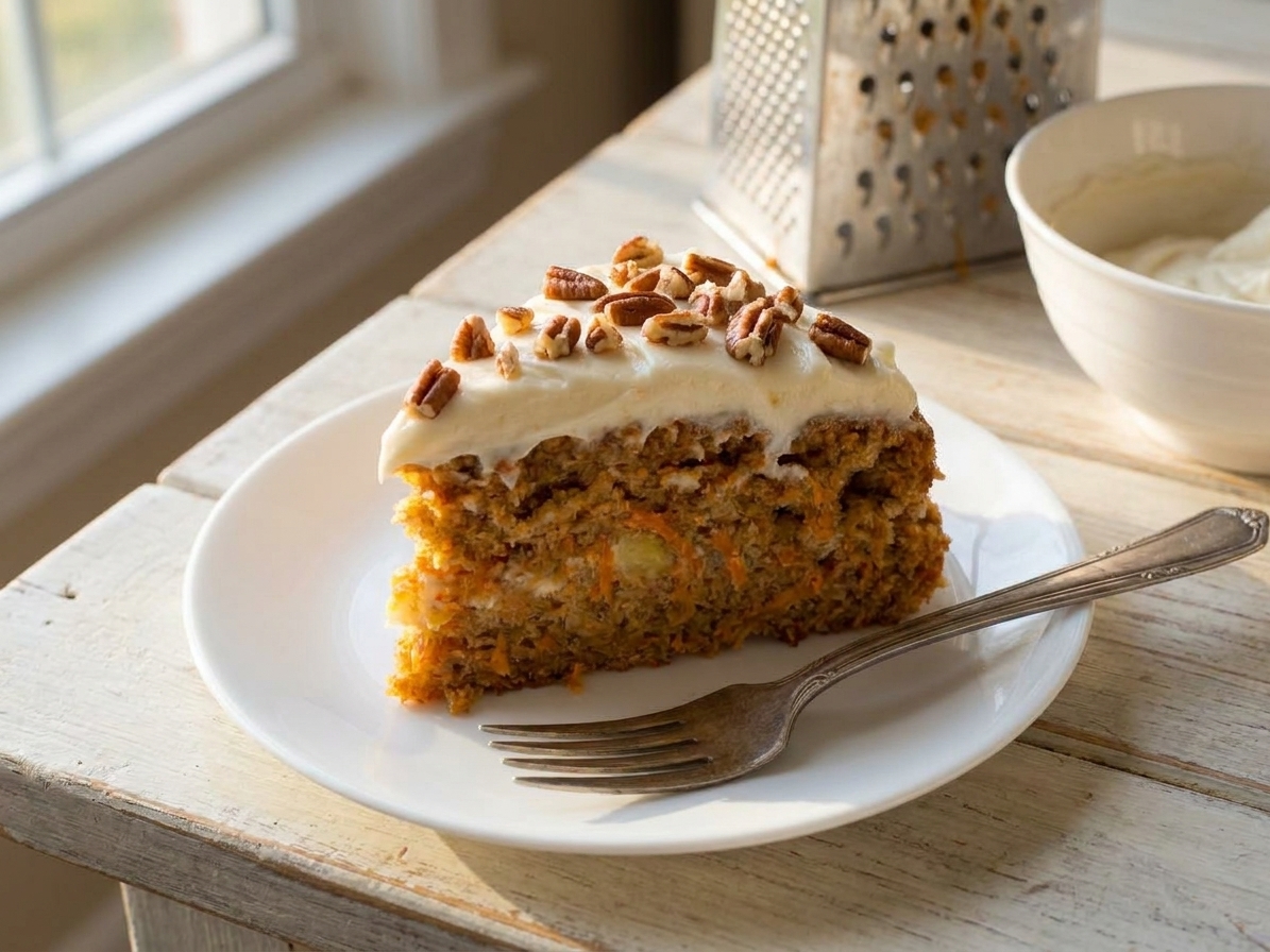 A thick slice of carrot cake with visible pineapple and carrot shreds, topped with swirled cream cheese frosting and a sprinkle of toasted pecans on a simple ceramic plate on a sunlit kitchen table