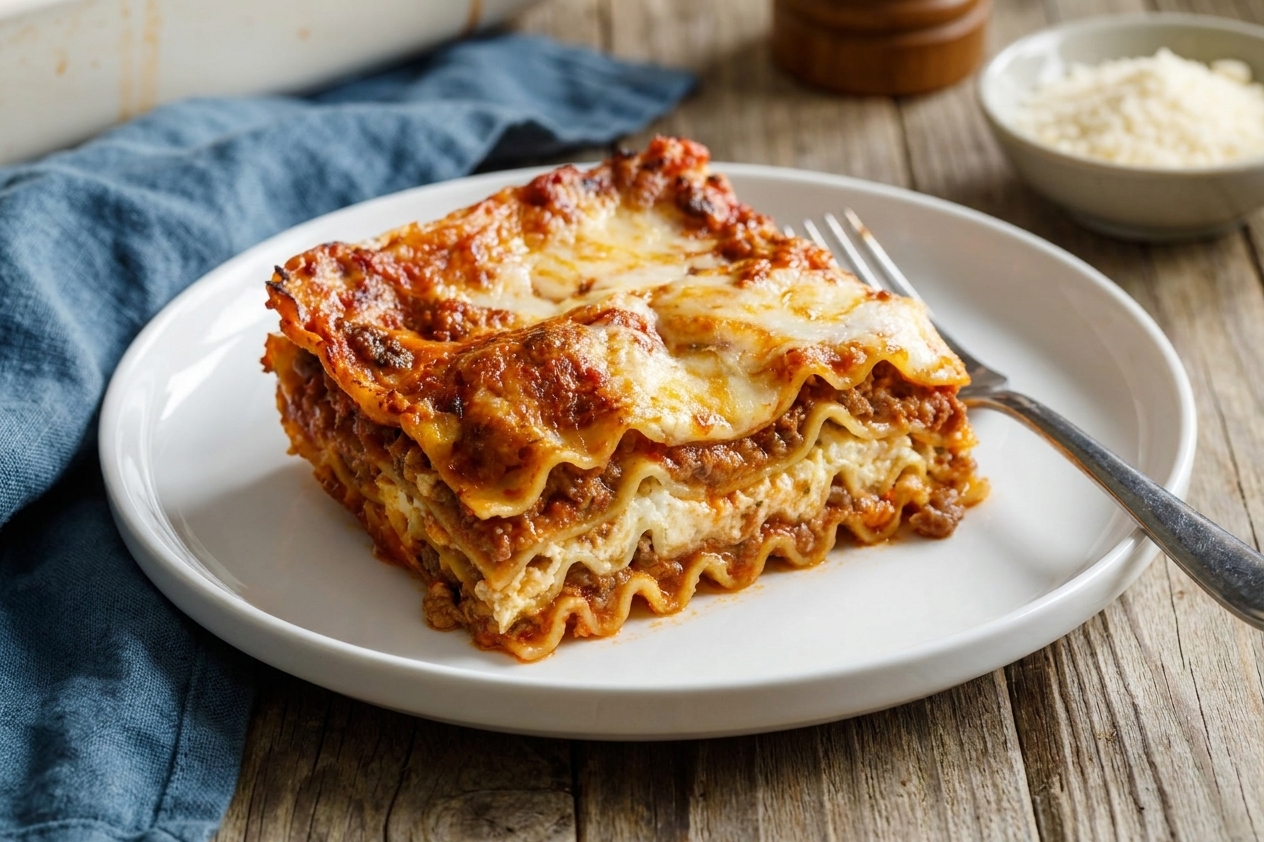 A thick slice of classic Italian lasagna on a white plate with visible layers of noodles, meat sauce, ricotta, and melted mozzarella on a dinner table setting