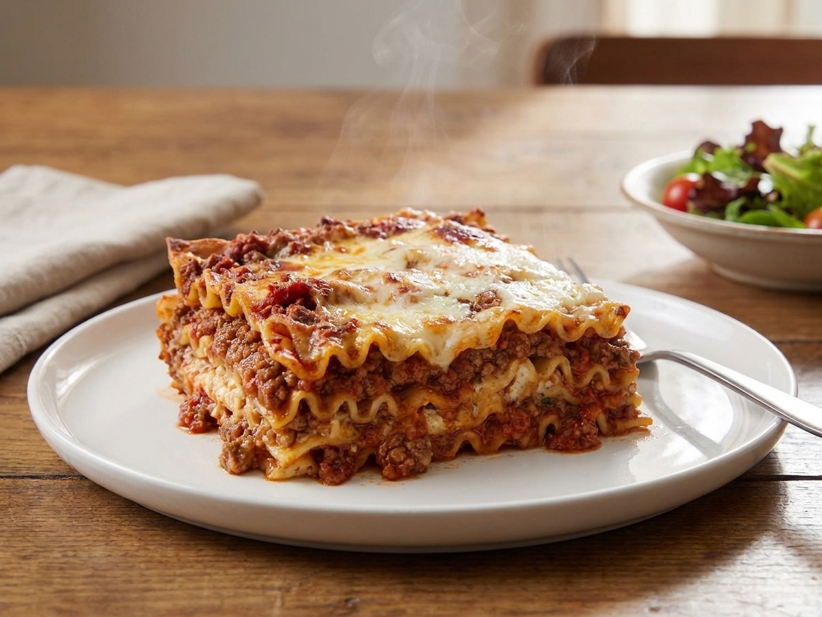 A thick slice of classic meat lasagna on a white plate with visible layers of red sauce, creamy ricotta, and melted mozzarella, set on a warm wood table with soft natural light