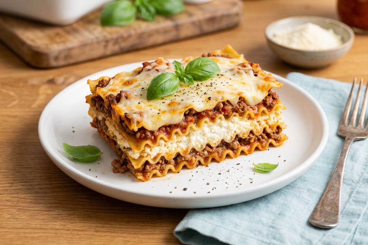A thick slice of cottage cheese lasagna on a white plate, showing distinct layers of noodles, meat sauce, creamy cottage cheese filling, and melted mozzarella, on a warm kitchen table