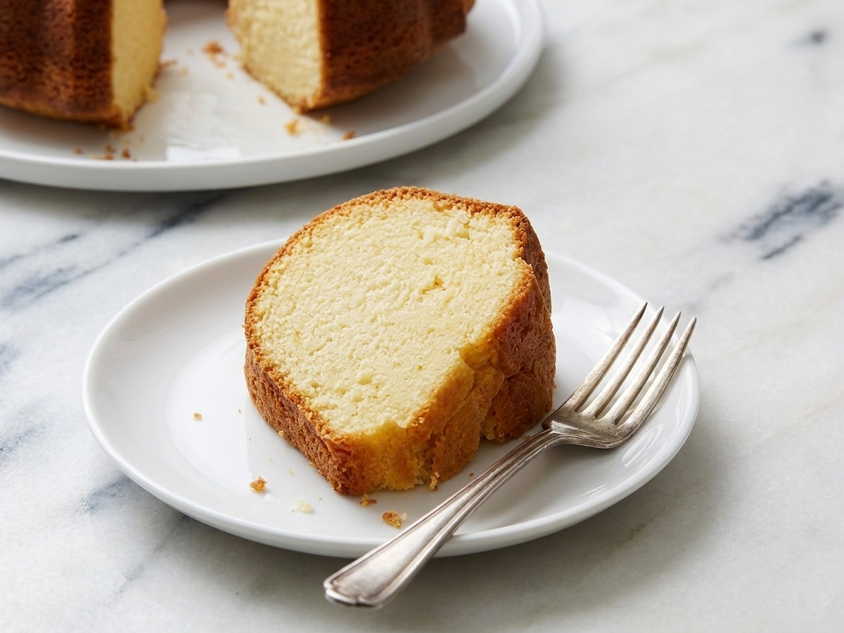 A thick slice of cream cheese pound cake served on a simple plate with a fork beside it