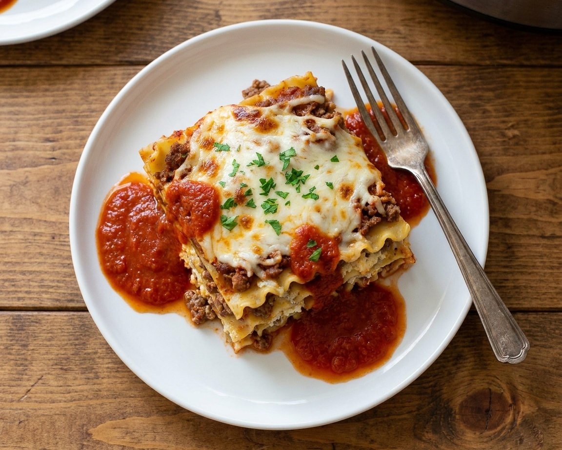 A thick slice of crock pot lasagna on a white plate with extra marinara spooned around it, melted mozzarella on top, and a fork resting beside the plate on a warm-toned wooden table