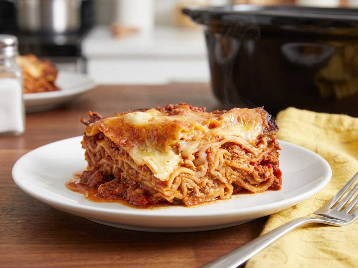A thick slice of crockpot lasagna on a white plate with melted mozzarella on top, a little sauce pooling at the edges, and a fork resting beside it on a warmly lit kitchen table