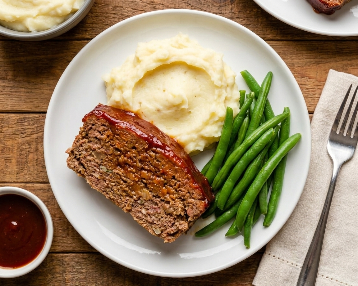A thick slice of glazed meatloaf on a white plate with mashed potatoes and green beans on a wooden table, warm kitchen lighting