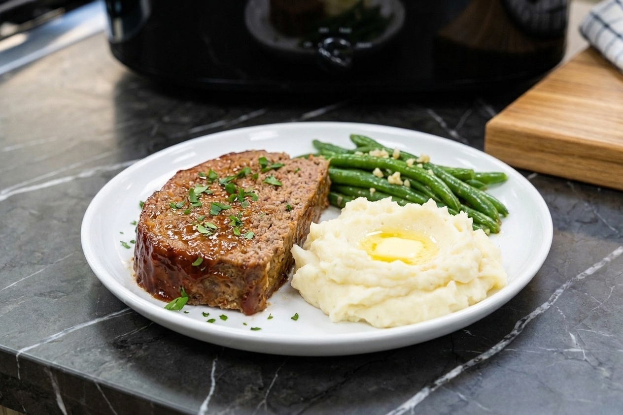 A thick slice of glazed meatloaf served on a plate with mashed potatoes and green beans