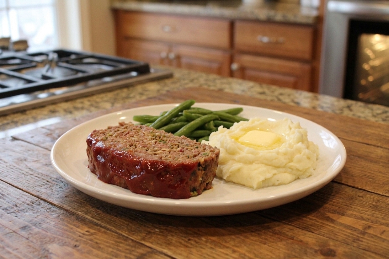 A thick slice of glossy glazed meatloaf on a white plate with mashed potatoes and green beans on a wooden table, warm kitchen lighting