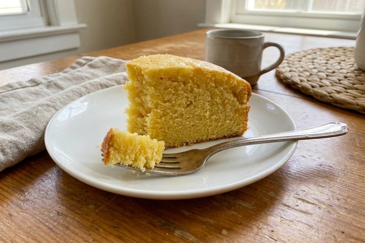 A thick slice of golden yellow cake on a white plate with a fork, soft crumb visible, on a warm kitchen table