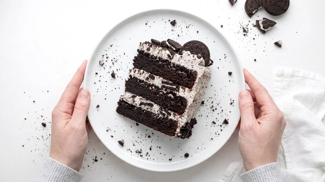 A thick slice of homemade Oreo cake with chocolate layers and cookies-and-cream frosting on a white plate, Oreo crumbs scattered on the plate