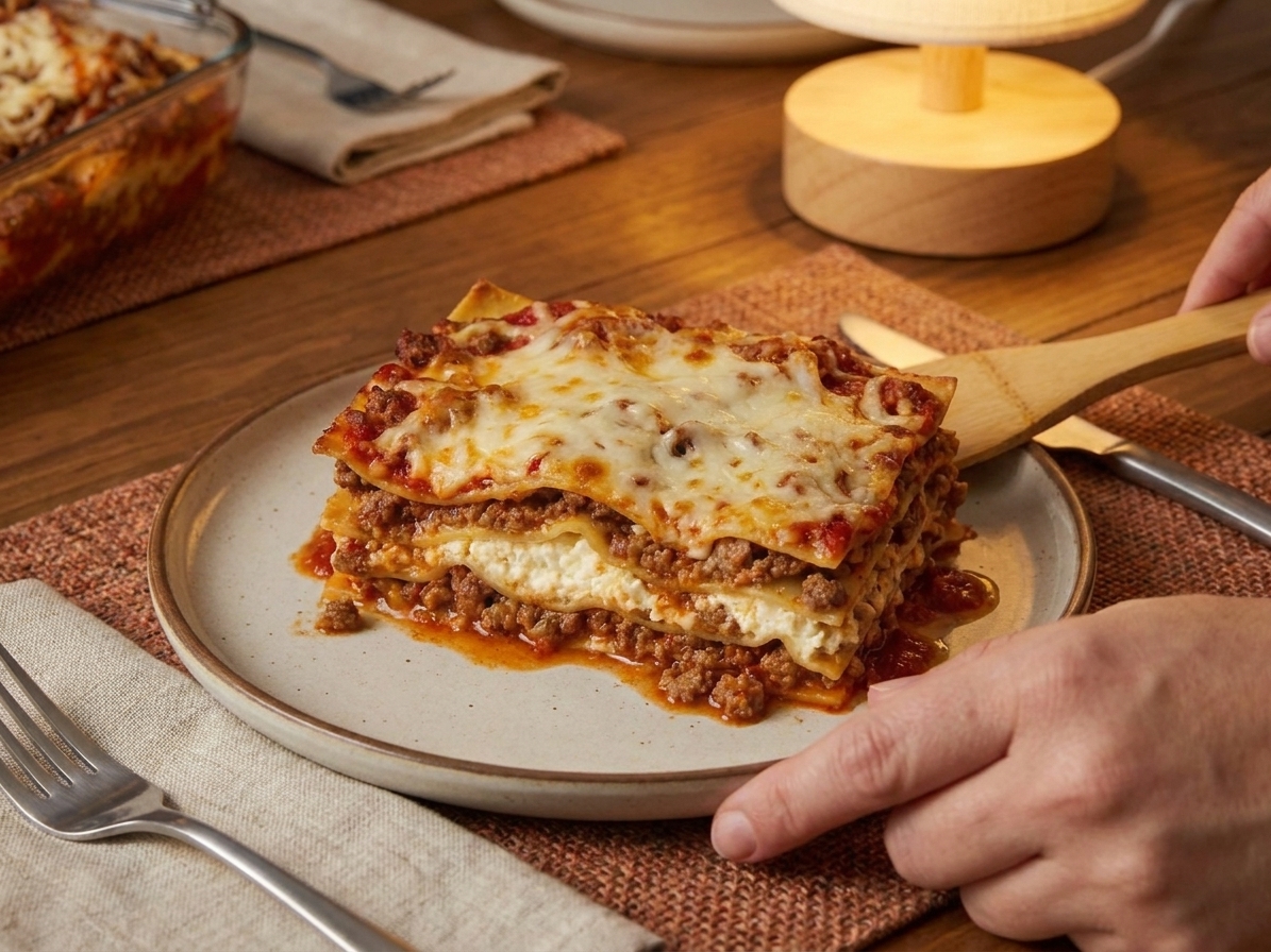 A thick slice of lasagna with cottage cheese layers and melted mozzarella on a plate, with a red sauce sheen and browned, bubbly edges in warm kitchen lighting