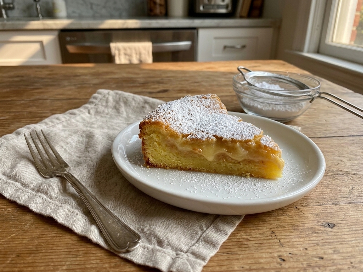 A thick slice of ooey gooey butter cake on a small white plate, dusted with powdered sugar, with a fork resting on a linen napkin on a warm kitchen table