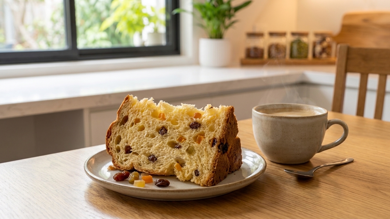 A thick slice of panettone on a small plate with visible dried fruit pieces and a cup of coffee on a wooden table