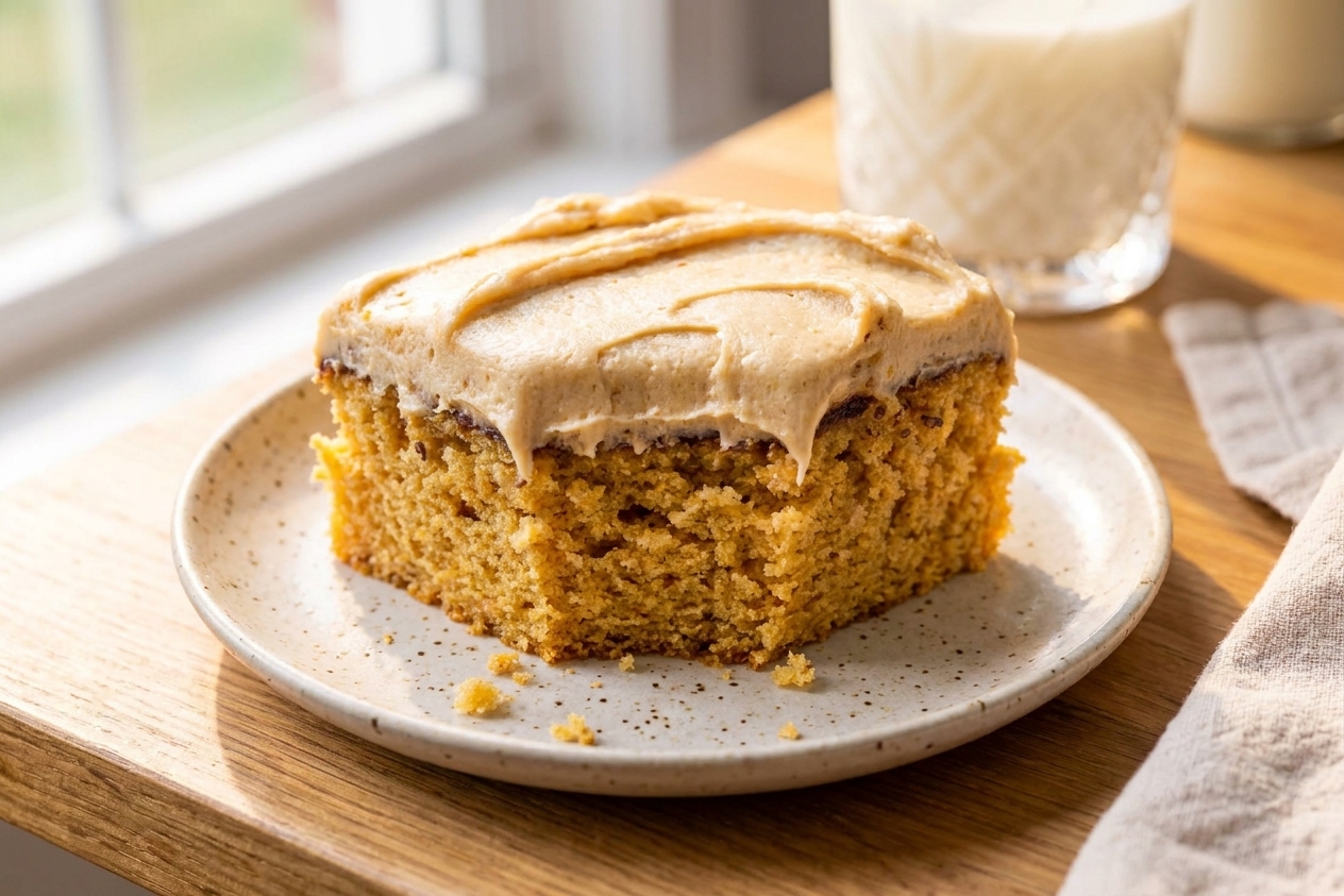 A thick slice of peanut butter sheet cake on a plate with a generous layer of creamy peanut butter frosting, soft crumbs visible, on a warm kitchen table with natural light