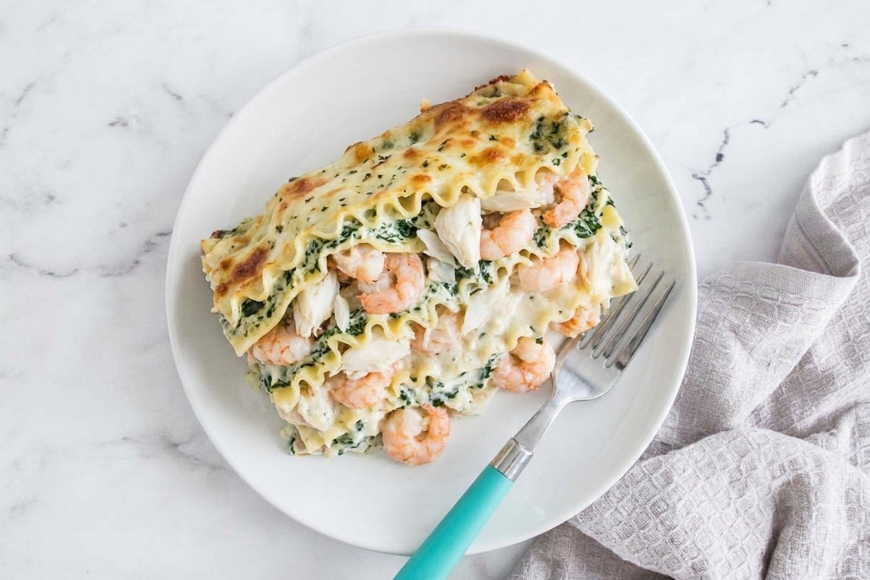 A thick slice of seafood lasagna on a plate showing creamy layers with shrimp and crab, with a fork resting beside it