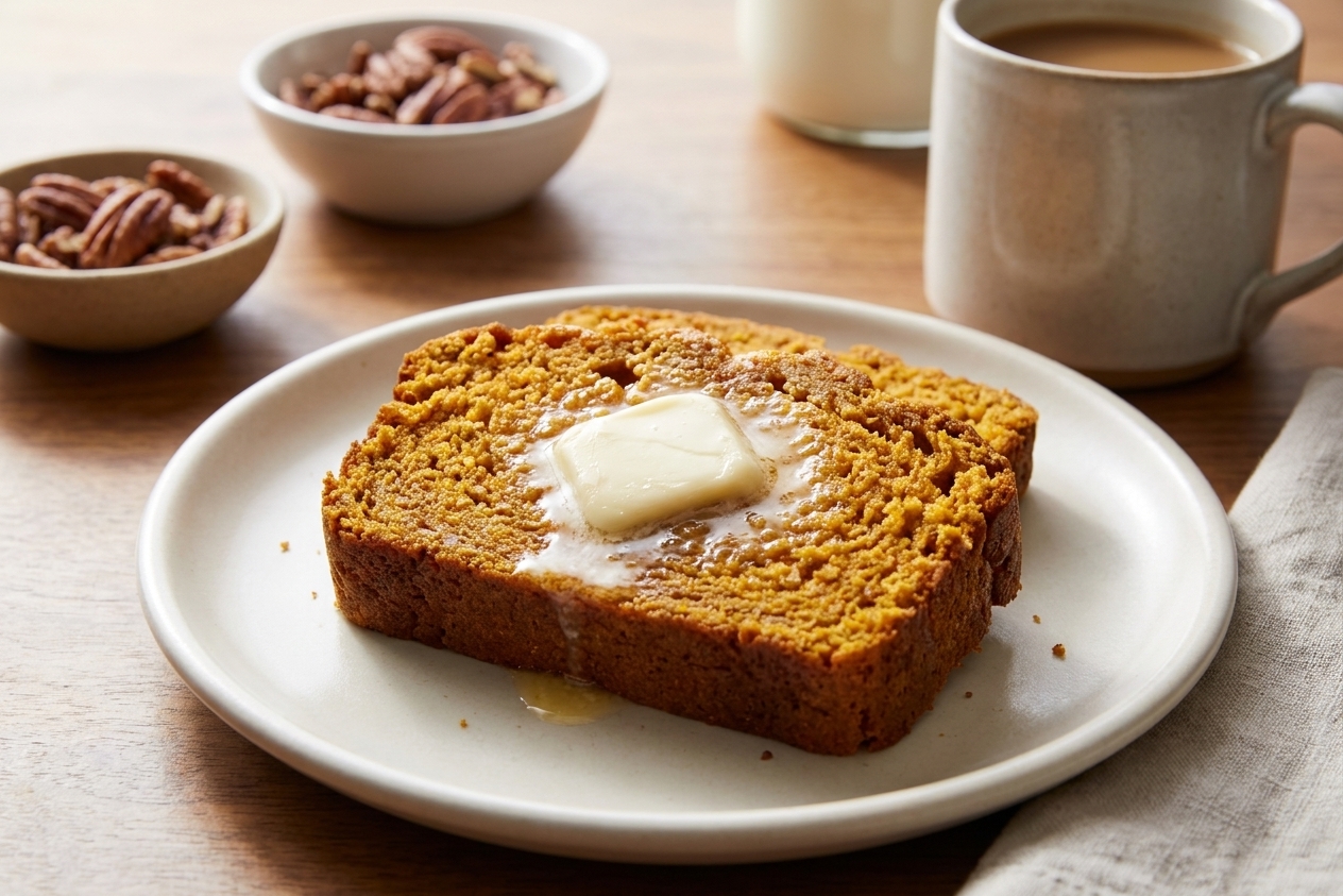 A thick slice of sweet potato bread on a plate with softened butter melting on top at a breakfast table