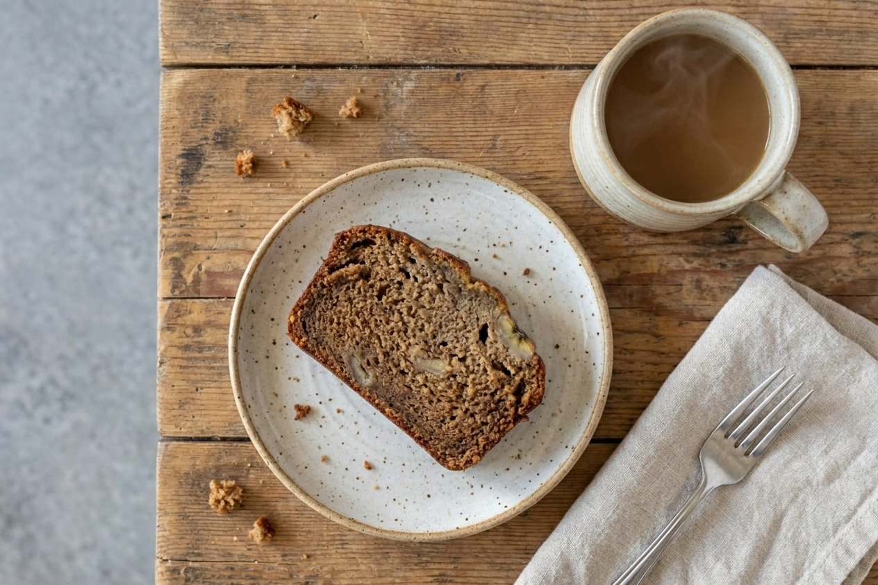 A thick slice of vegan banana bread on a ceramic plate on a wooden table with a mug nearby