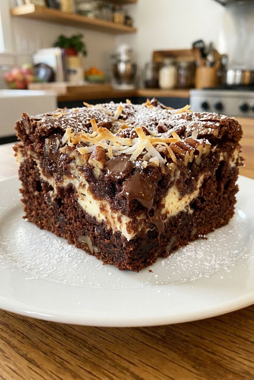 A thick square slice of chocolate coconut pecan earthquake cake on a plate with visible cream cheese swirl and gooey chocolate chips, photographed up close