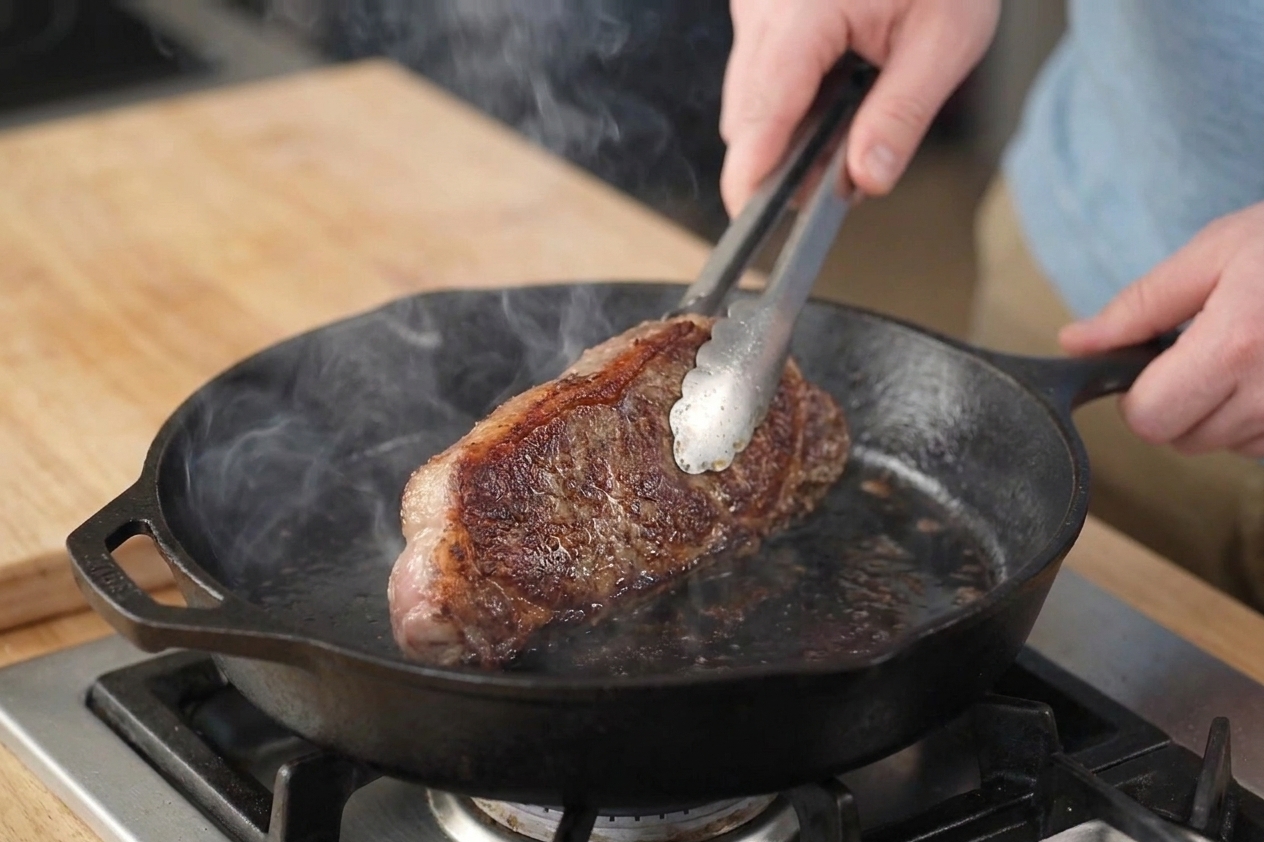 A thick steak being flipped with tongs in a hot cast iron skillet, showing a browned crust