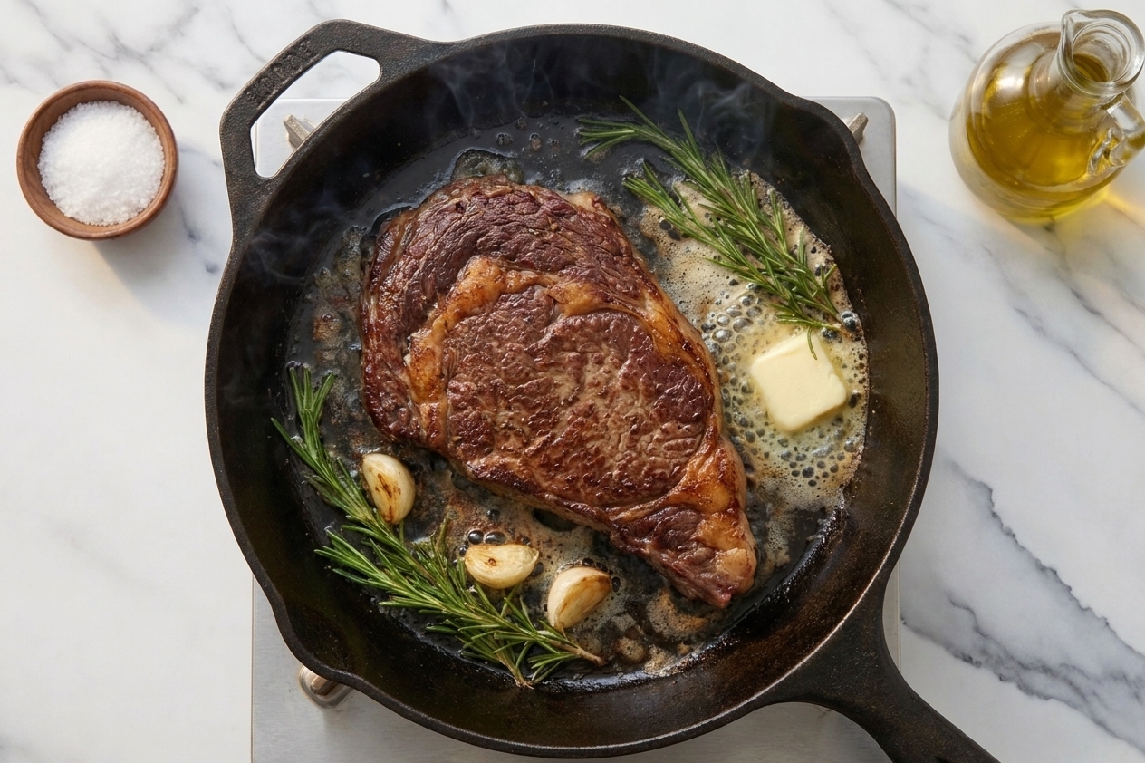 A thick steak searing in a cast iron skillet with browned crust forming, garlic cloves and herbs sizzling in butter beside it on a stovetop