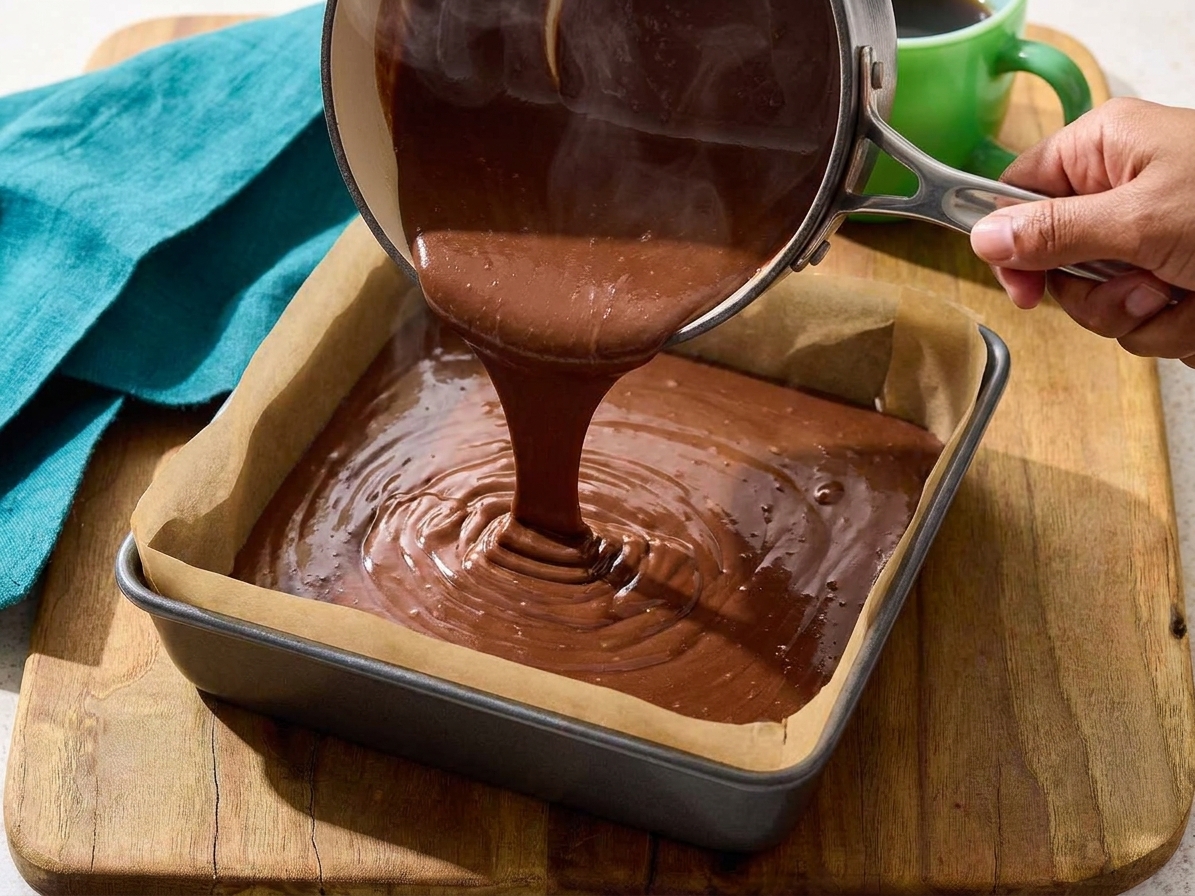 A thick stream of melted chocolate fudge being poured from a saucepan into a parchment-lined square baking pan