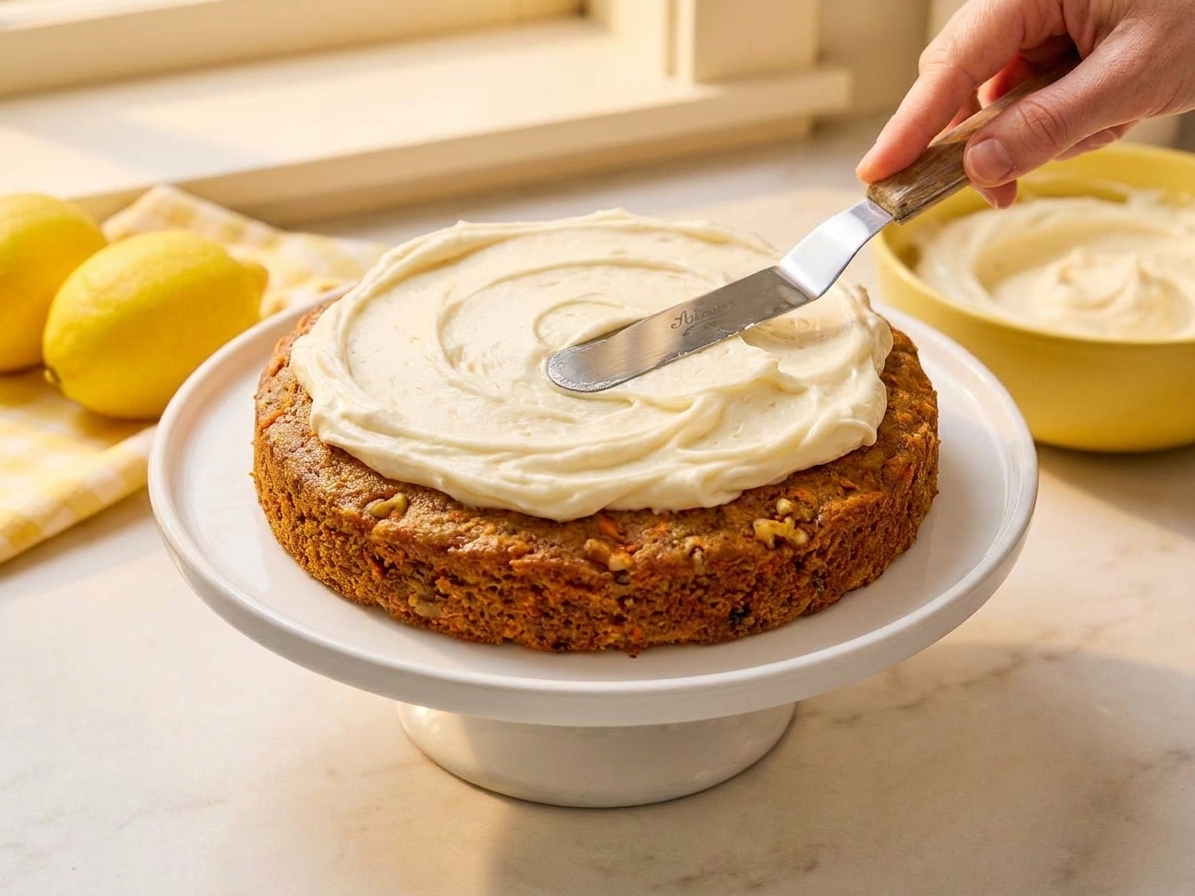 A thick swirl of cream cheese icing generously spread over a single-layer carrot cake on a white cake stand on a bright kitchen counter