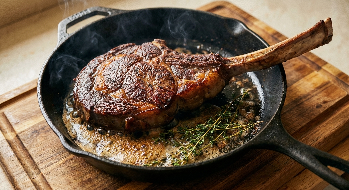 A thick tomahawk ribeye steak with a long bone being seared in a cast iron skillet with browned butter and thyme, close-up food photography